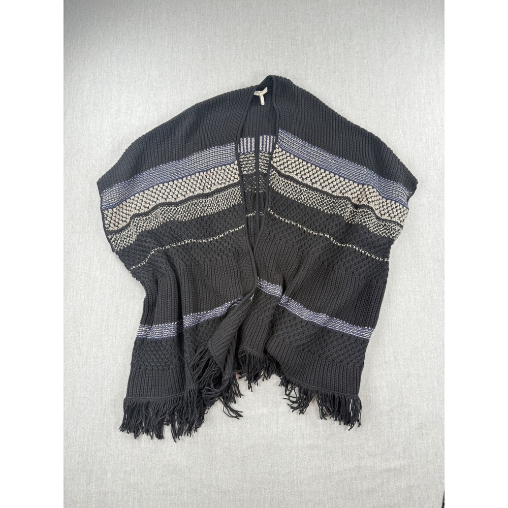 Joie Women Black Striped Fringe Knit Poncho Wrap Sweater M/L 4517-K2604